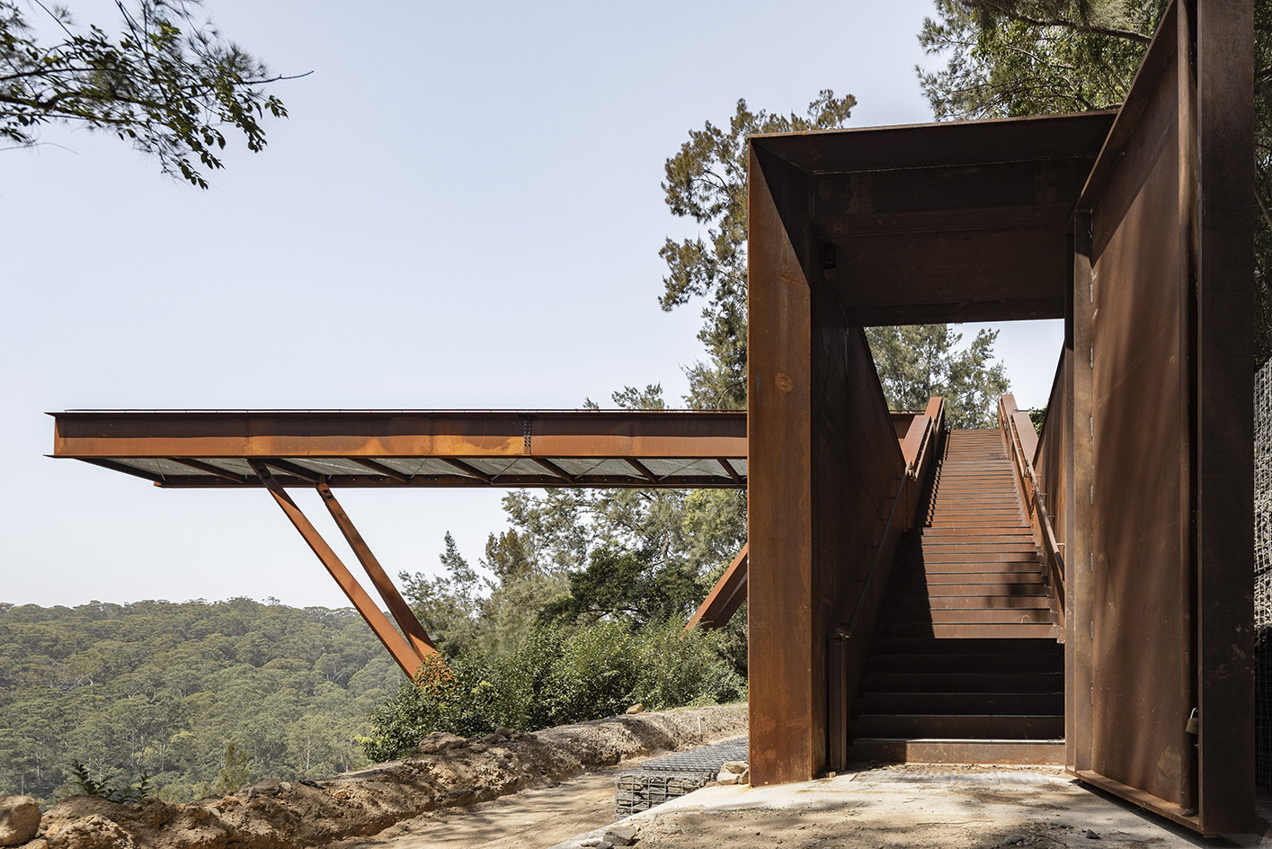 The Southern Lookout, views of forested nature from a corten steel coloured lookout platform jutting out into the wilderness of Australia