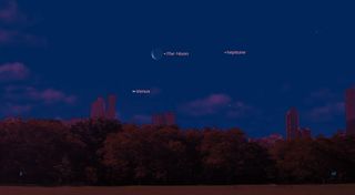 Venus and the moon will shine bright in the southeastern morning sky before sunrise on April 25 and 26 in 2014. This sky map shows the location of Venus and the moon (as well as Neptune) in the morning sky on April 25 as seen from mid-northern latitudes.