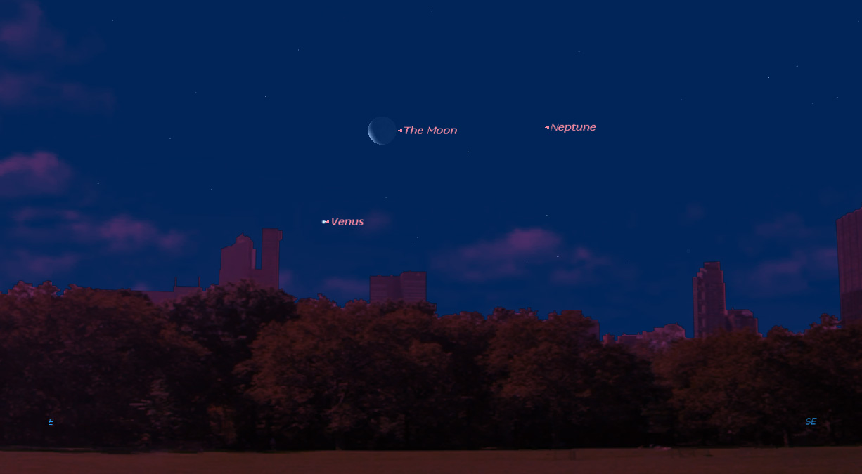 Venus and the moon will shine bright in the southeastern morning sky before sunrise on April 25 and 26 in 2014. This sky map shows the location of Venus and the moon (as well as Neptune) in the morning sky on April 25 as seen from mid-northern latitudes.