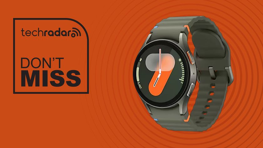 Samsung Galaxy Watch 7 with orange 7 on watch face and olive green wristband on orange background with TechRadar don&#039;t miss icon