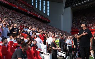 Liverpool manager Jurgen Klopp shows his appreciation to the fans ahead of his last game at the club, at home to Wolves in May 2024.