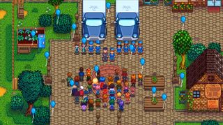 Stardew Valley Expanded - Characters stand in Pelican Town's square. Joja employees in uniforms stand in front of two Joja trucks while blue balloons fly into the air.