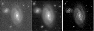 Three grayscale pictures of the same spiral galaxy, with the image quality and fuzziness getting better as you move from left to right. 