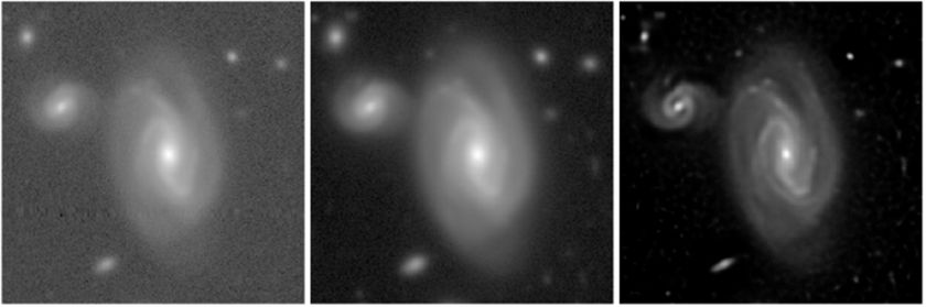 Three grayscale pictures of the same spiral galaxy, with the image quality and fuzziness getting better as you move from left to right. 