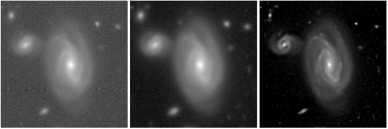 Three grayscale pictures of the same spiral galaxy, with the image quality and fuzziness getting better as you move from left to right. 