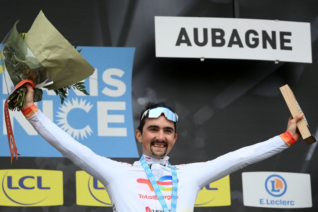 Stage winner TotalEnergies French rider Mathieu Burgaudeau celebrates on the podium after winning the 6th stage of the 80th Paris Nice cycling race 214 km between Courthezon and Aubagne on March 11 2022 Photo by FRANCK FIFE AFP Photo by FRANCK FIFEAFP via Getty Images