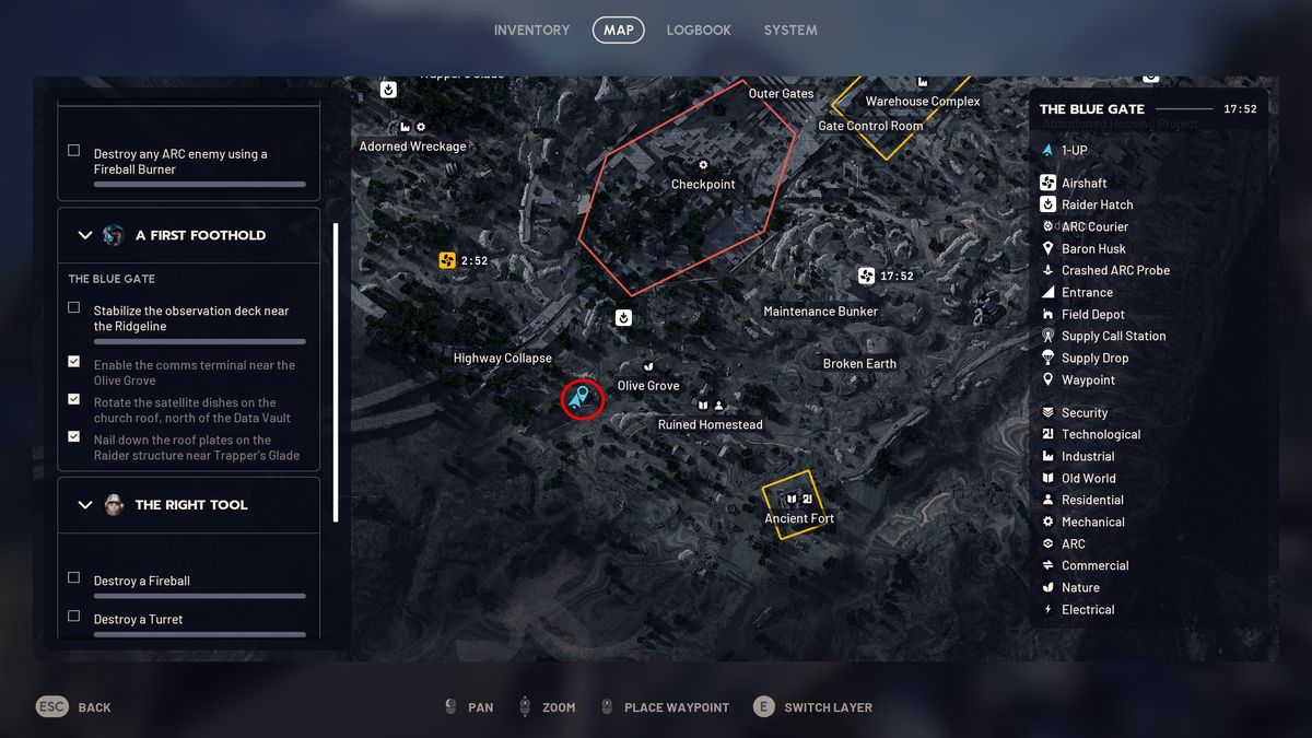 Arc Raiders A First Foothold: A map with a red circle showing the location of the quest step in the Olive Grove region of Blue Gate.