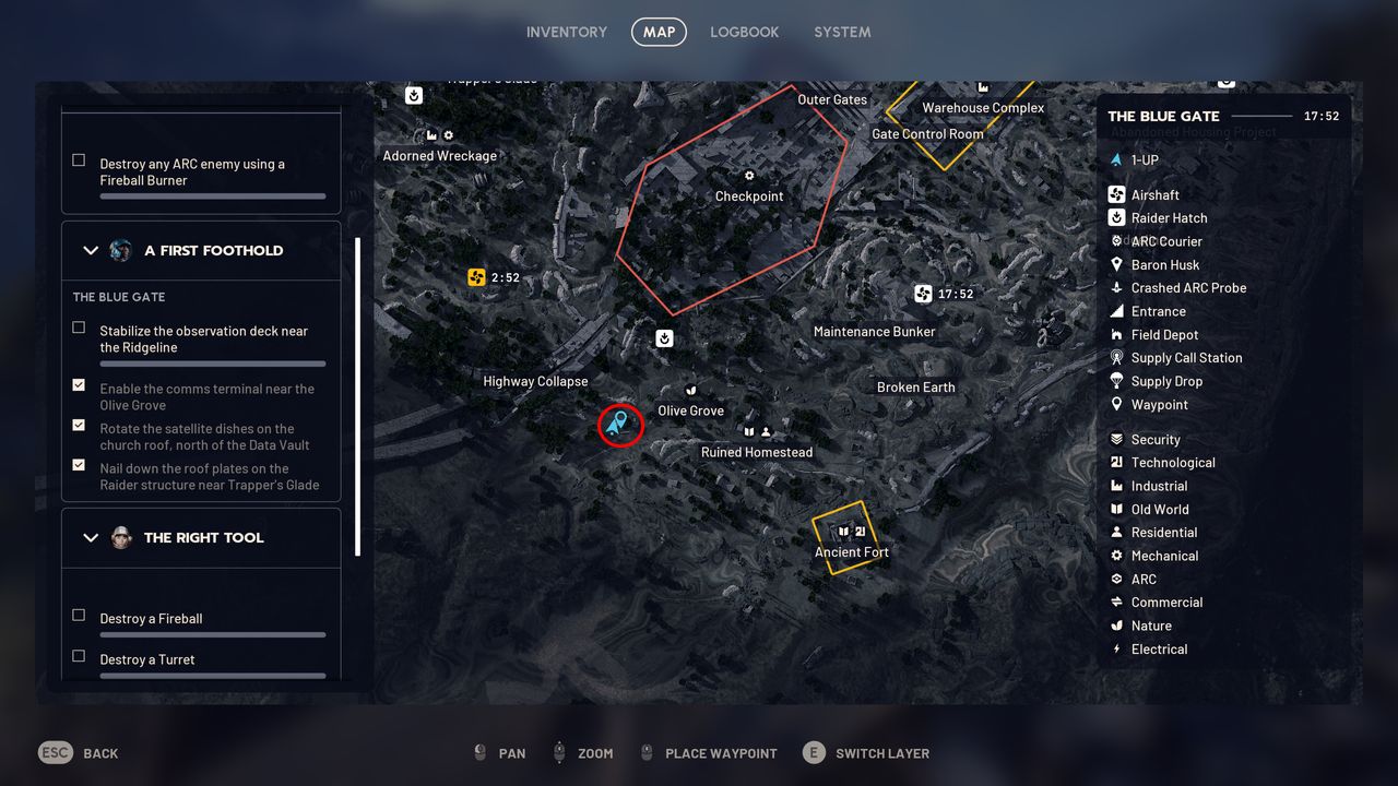 Arc Raiders A First Foothold: A map with a red circle showing the location of the quest step in the Olive Grove region of Blue Gate.