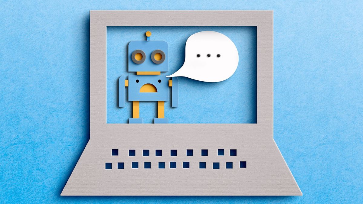 A robot with a speech bubble inside a laptop screen