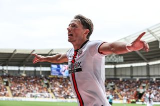 Sander Berge of Sheffield United celebrates scoring during the Sky Bet Championship between Hull City and Sheffield United at MKM Stadium on September 4, 2022 in Hull, United Kingdom.