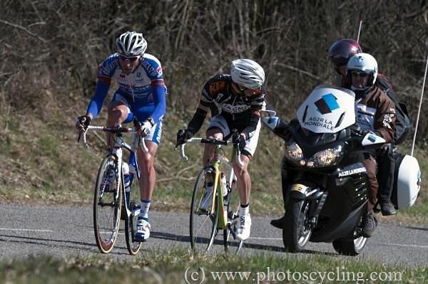 Jerome Pineau leads on the first climb, the Col De Grand-Vent