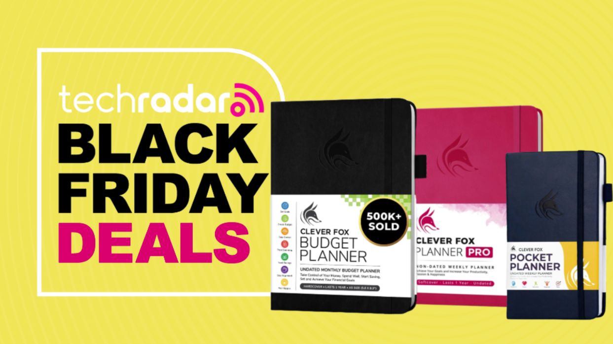 Three Clever Fox planners on a yellow background next to a TechRadar bade reading 'Black Friday deals'