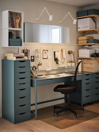 IKEA desk system with teal ALEX drawers and SKADIS pegboard