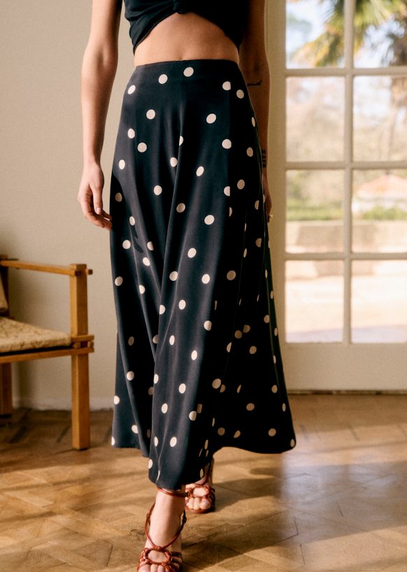 Soelle Skirt - Ecru Polka Dots on Black - Silk - Sézane