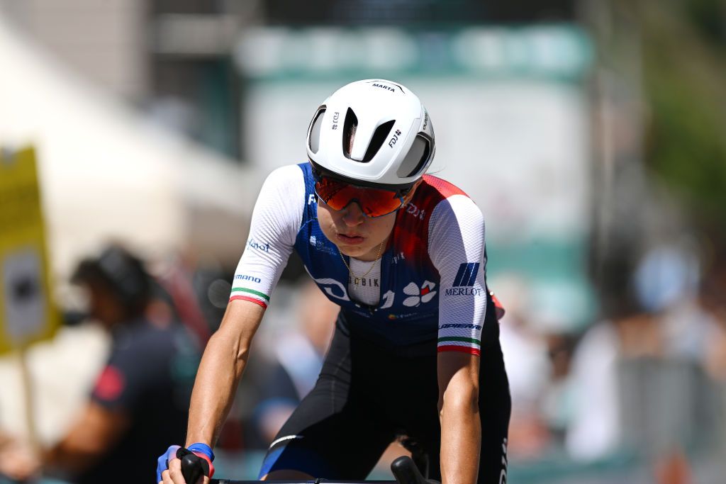 ALDENO ITALY JULY 08 Marta Cavalli of Italy and Team FDJ Nouvelle Aquitaine Futuroscope crosses the finish line on second place during the 33rd Giro dItalia Donne 2022 Stage 8 a 1047km stage from Rovereto to Aldeno GiroDonne UCIWWT on July 08 2022 in Aldeno Italy Photo by Dario BelingheriGetty Images