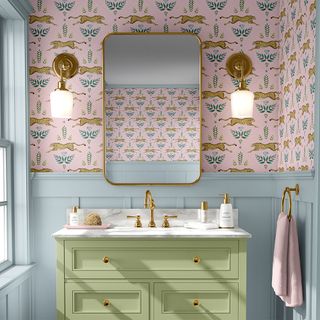 bathroom with wallpaper wall and washbasin mirror