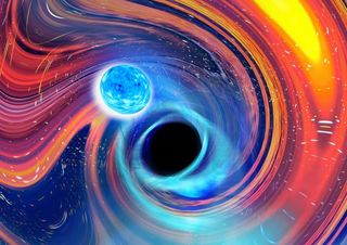 An artist's depiction of a black hole and a neutron star merging.