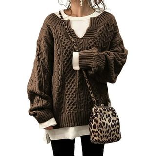 Frontwalk Womens V Neck Sweaters Long Sleeve Cable Knit Pullover Jumper Tops Casual Winter Fall Chunky Knitwear Outwear