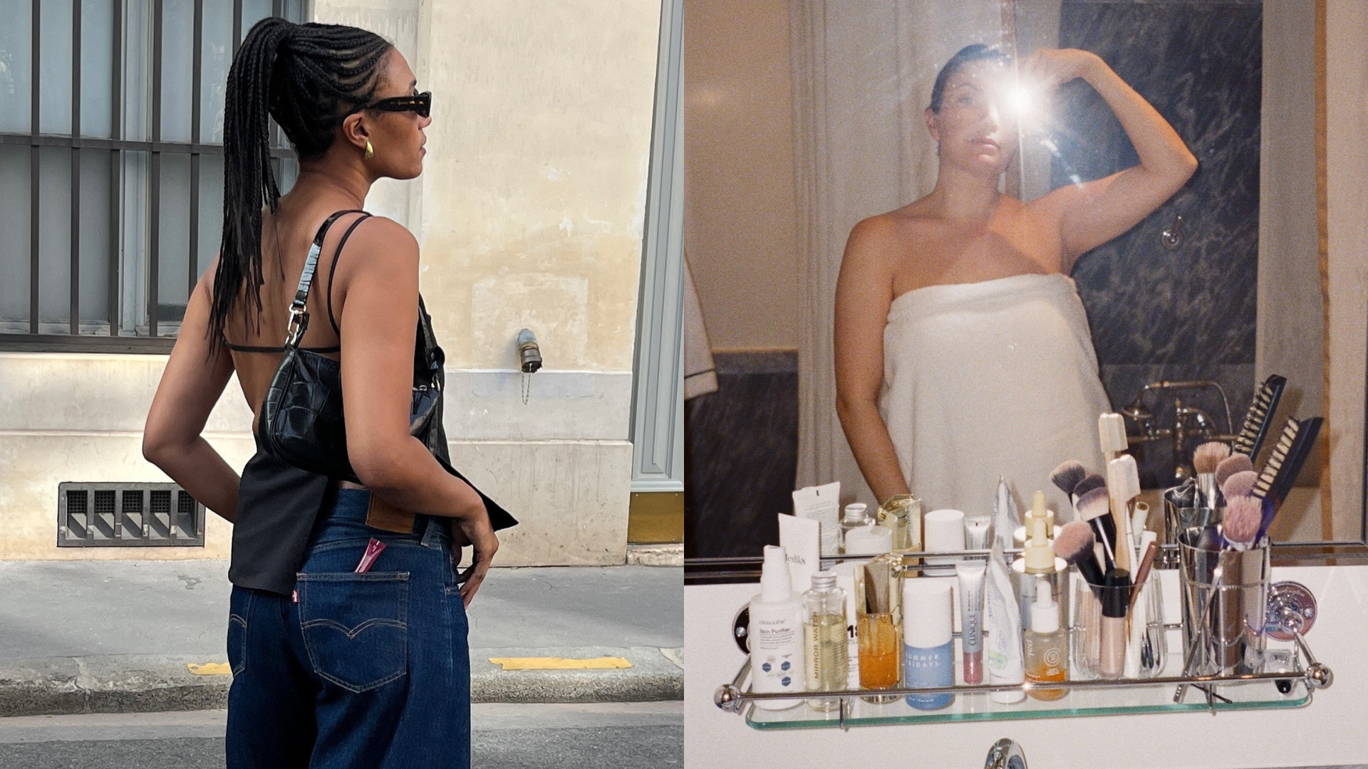 Collage of @lenafarl and @emmahoareau with beauty products.