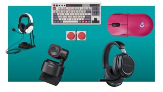 A blue background with a Logitech mouse, Obsbot webcam, Turtle Beach headset, 8BitDo keyboard, and NZXT Headset and accessory on it.