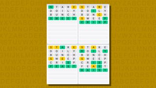Quordle daily sequence answers for game 769 on a yellow background