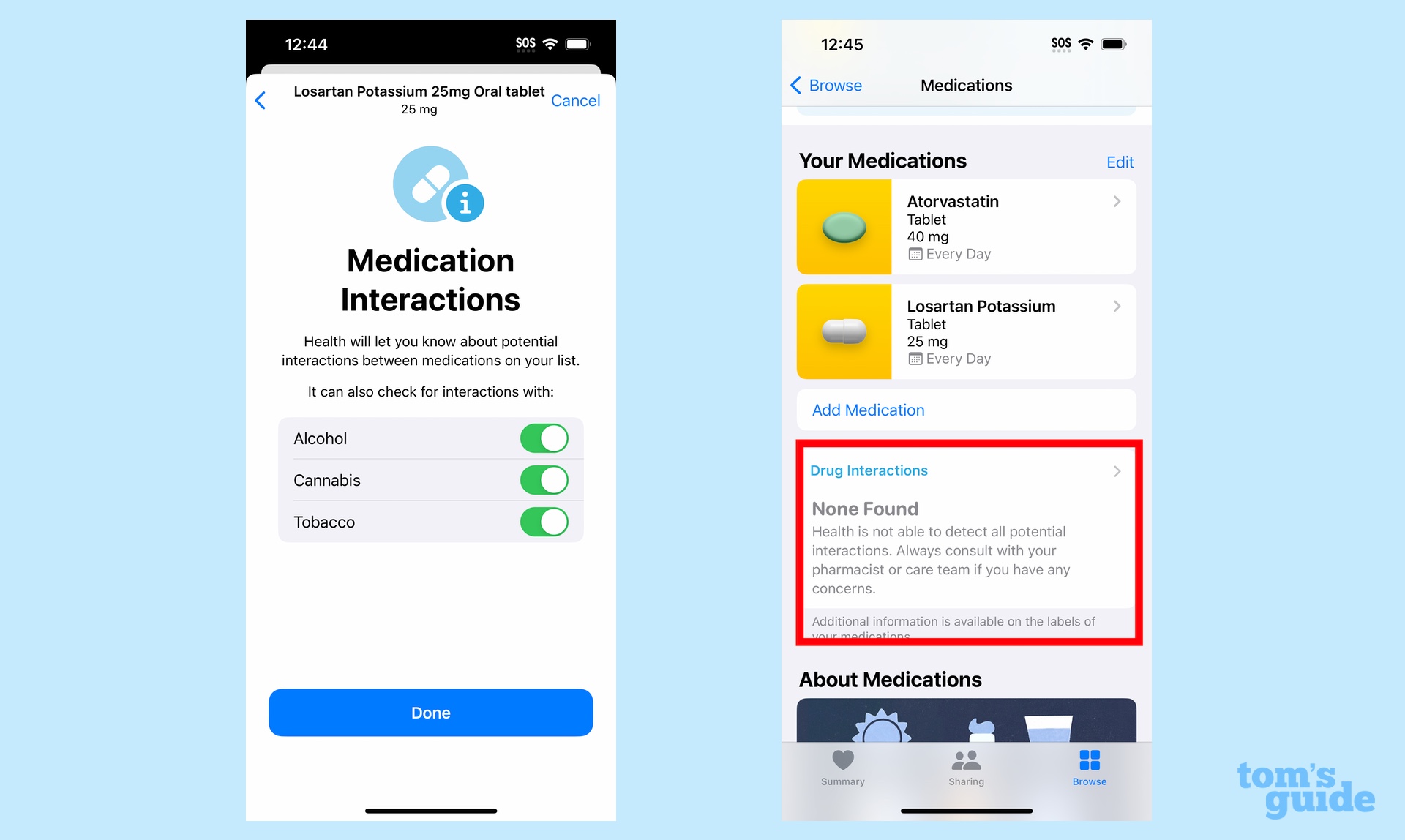 iOS 16 Drugs shows drug interactions