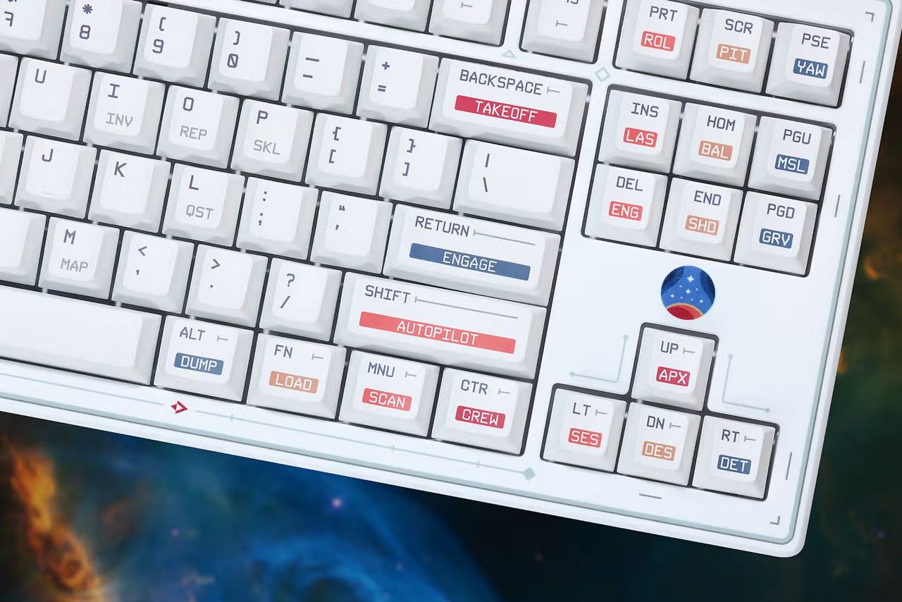 Shots of the keyboard, keys, cable, and deskmat included in the Drop x Starfield collab