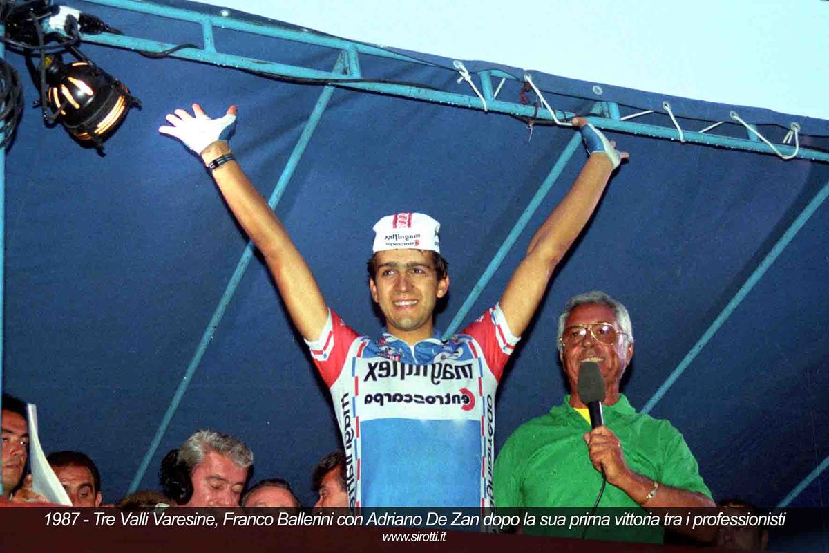 Franco Ballerini on the podium after winning the 1989 Tre Valli Varesine race - his first professional victory