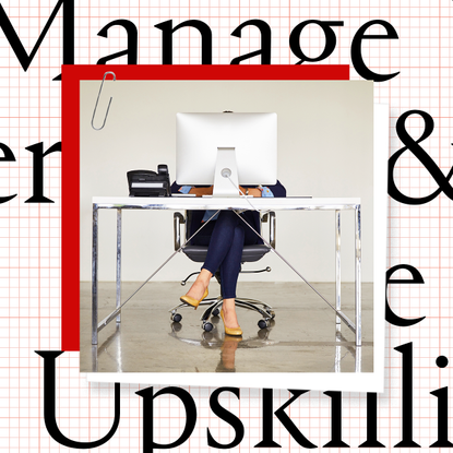 A collage art of a photo of a woman in business attire sitting at the desk with a computer. In the background, there are text saying "Manage your energy" and "Ace upskilling"