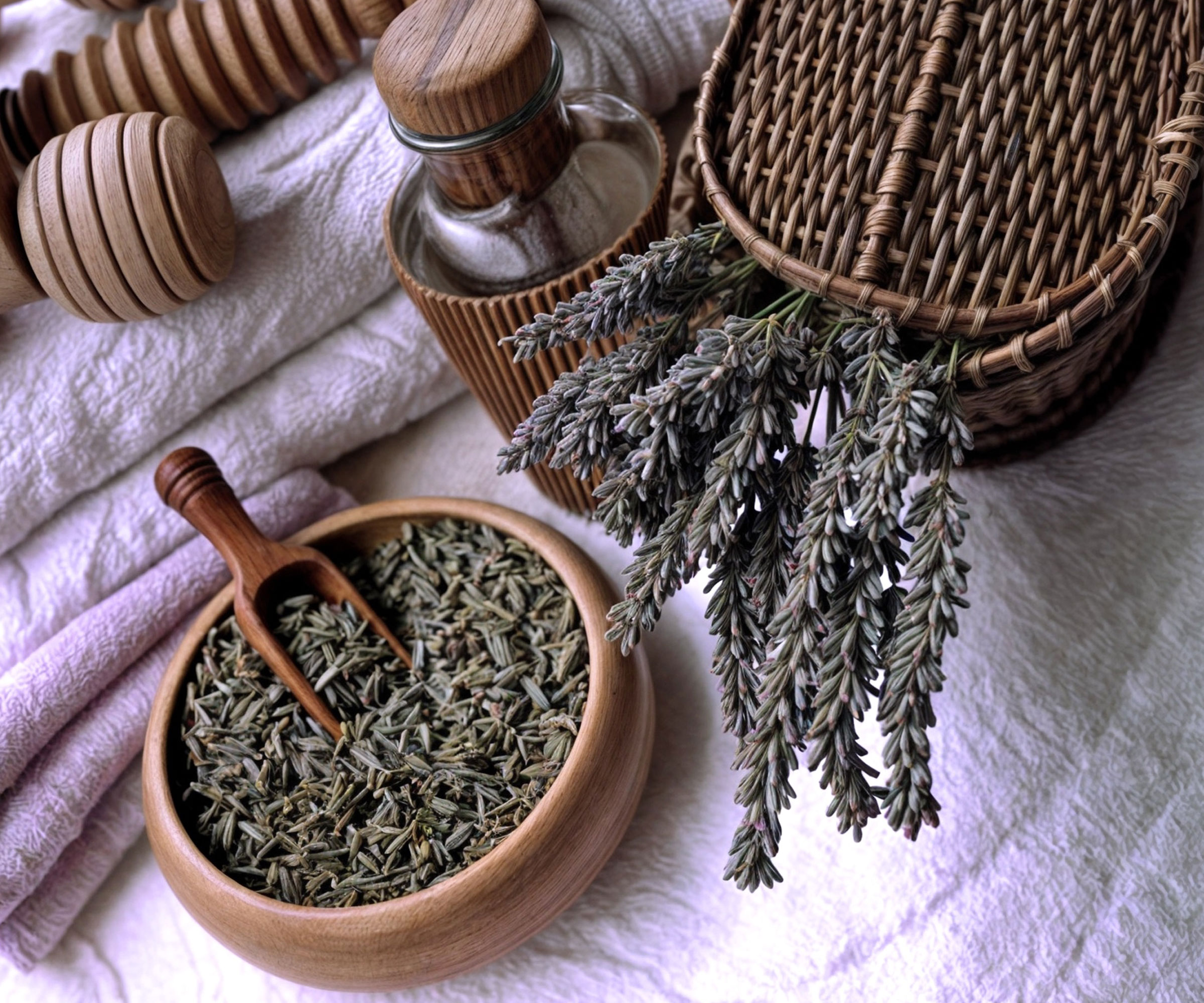 lavender dried and crushed in pestle and mortar