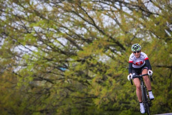 Eugenia Bujak (BTC City Ljubljana) attacks over the top of the QOM climb.