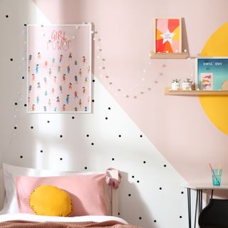 girls bedroom with wall decor and stickers, shelving and paint effects