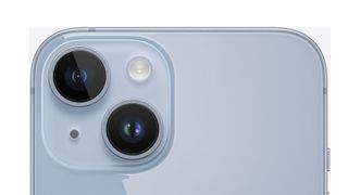 A close up press render of the iPhone 14's rear camera, the phone features is blue