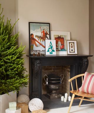 A Christmas fireplace decorated with artwork