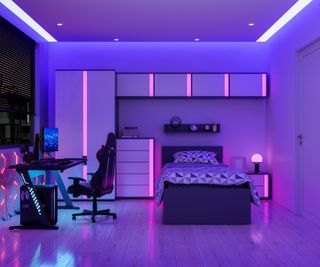 pink neon lit bedroom with wardrobes, bed and gaming desk