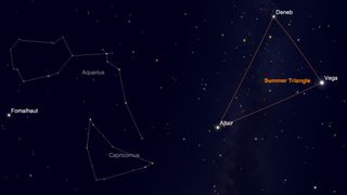 While the Summer Triangle is directly overhead, the constellation Capricornus appears closer to the southern horizon.