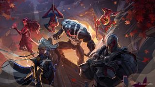 Venom, Spider-Man, Peni Parker, Scarlet Witch, Magneto, and Storm pose in artwork for Marvel Rivals