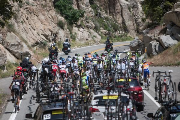 The bunch climbs on stage 6 of the Amgen Tour of California to Big Bear