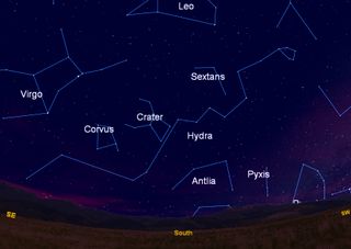This sky map shows the location of the huge snake constellation Hydra in the southern sky at around 9 pm ET as seen from the mid-latitudes of the Northern Hemisphere. 