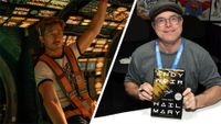 Split image showing a screenshot of Ryan Gosling in Project Hail Mary on the left and author Andy Weir holding up the book on the right.