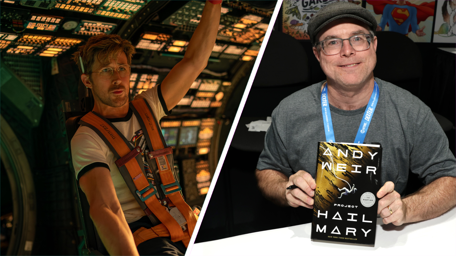 Split image showing a screenshot of Ryan Gosling in Project Hail Mary on the left and author Andy Weir holding up the book on the right.