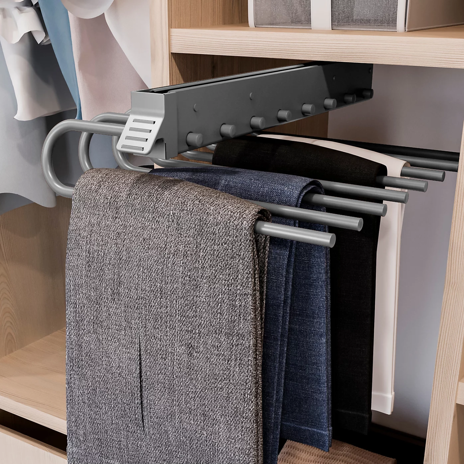 A steel pull out pants rack