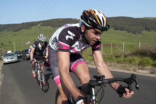 Jason Allen (Hyster-Total Rush) was trying to keep in touch with riders up ahead on the climb at Gunns Plains to be there for his teammate and tour leader Gordon McCauley.