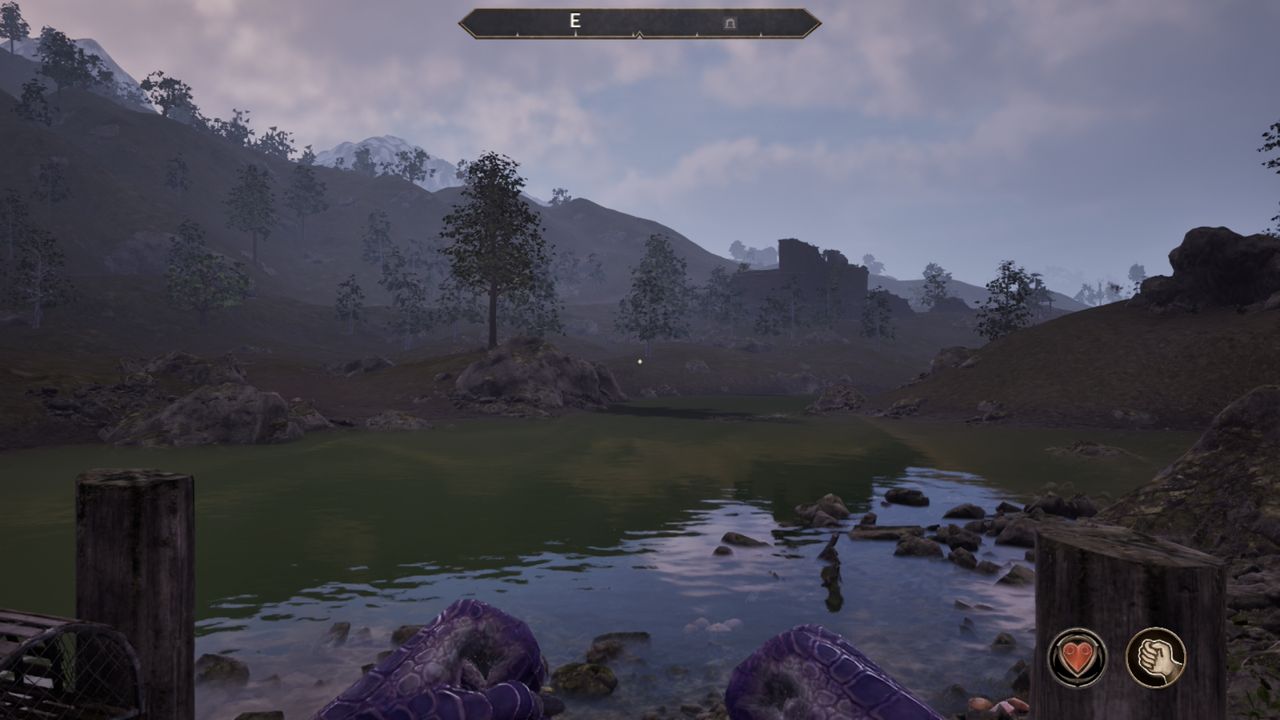 Oblivion Remastered on Switch 2, showing a pretty blue skyline reflected in a lake