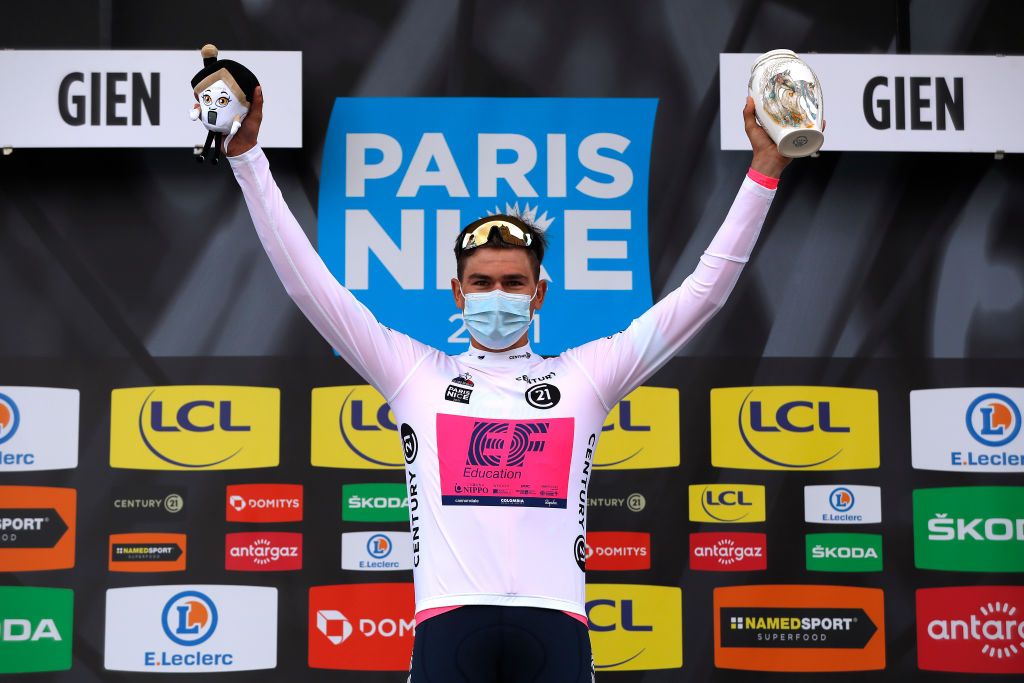 GIEN FRANCE MARCH 09 Podium Stefan Bissegger of Switzerland and Team EF Education Nippo White Best Young Rider Jersey Celebration during the 79th Paris Nice 2021 Stage 3 a 144km Individual Time Trial stage from Gien to Gien 147m ITT Trophy Mask Covid Safety Measures ParisNice on March 09 2021 in Gien France Photo by Bas CzerwinskiGetty Images