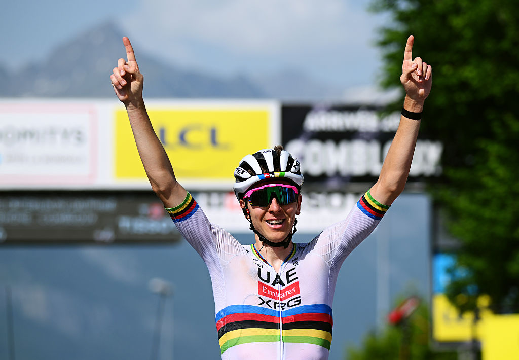 COMBLOUX, FRANCE - JUNE 13: Tadej Pogacar of Slovenia and UAE Team Emirates - XRG celebrates at finish line as stage winner during the 77th Criterium du Dauphine 2025, Stage 6 a 126.7km stage from Valserhone to Combloux 1183m / #UCIWT / on June 13, 2025 in Combloux, France. (Photo by Dario Belingheri/Getty Images)