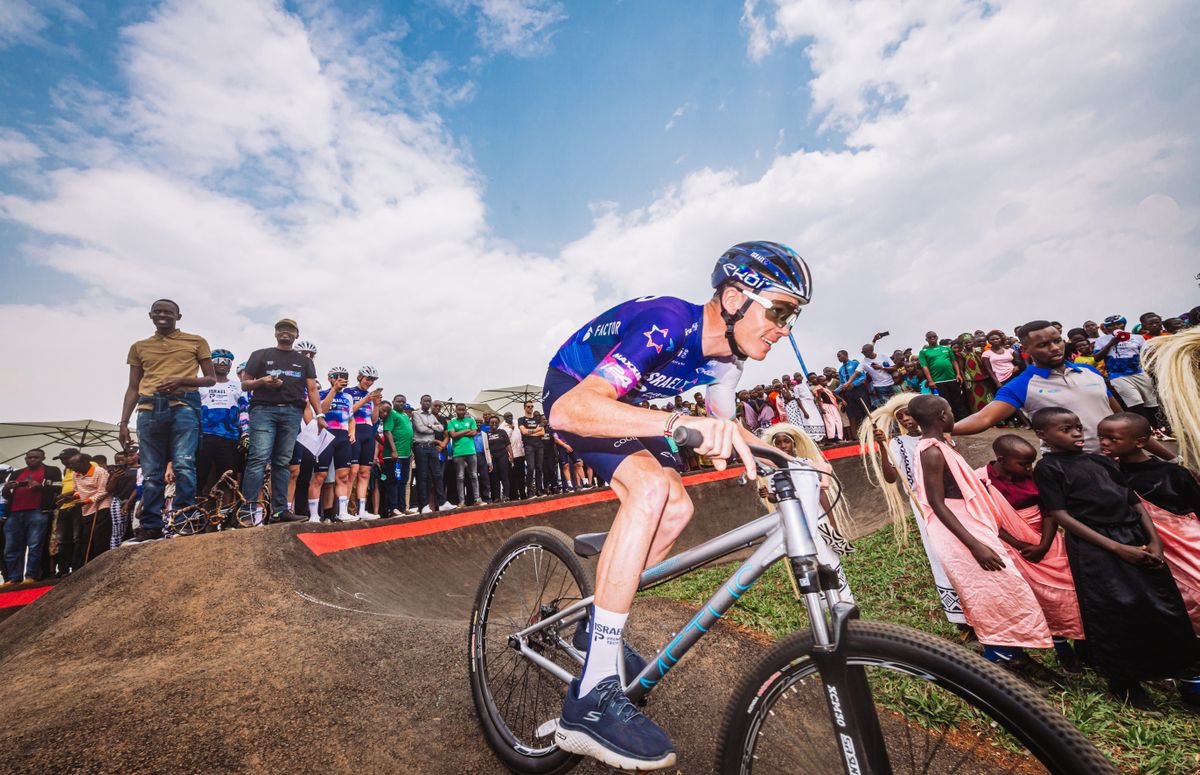 Chris Froome at the opening of the Field of Dream cycling centre in Rwanda, trialling the newly constructed pump track