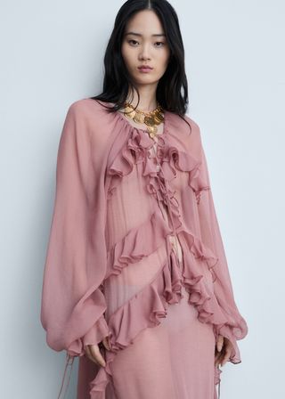 Gaun sifon semitransparan dengan rumbai