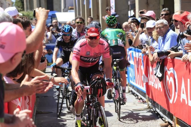 Cadel Evans (BMC Racing) rides to the start line