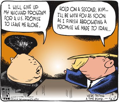Political cartoon U.S. Trump Kim Jong Un North Korea negotiations Iran nuclear deal